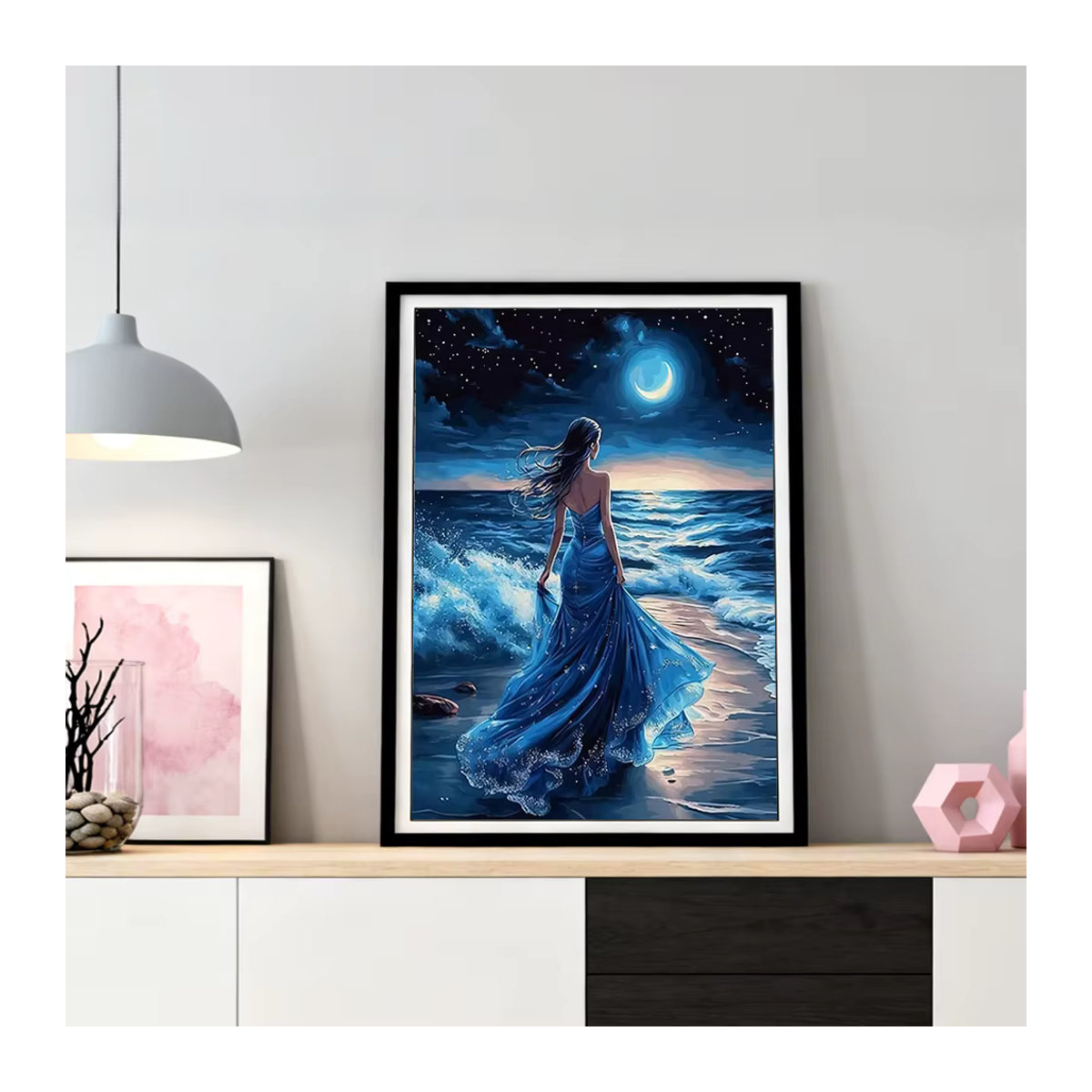HUACAN Diamant-Kunstmalerei 5D Mädchen-Frauenporträt Mosaik-Set mit blauen Strass-Steinen und runden Perlen in maritimem Strandlandschaft-Design - Bild 3
