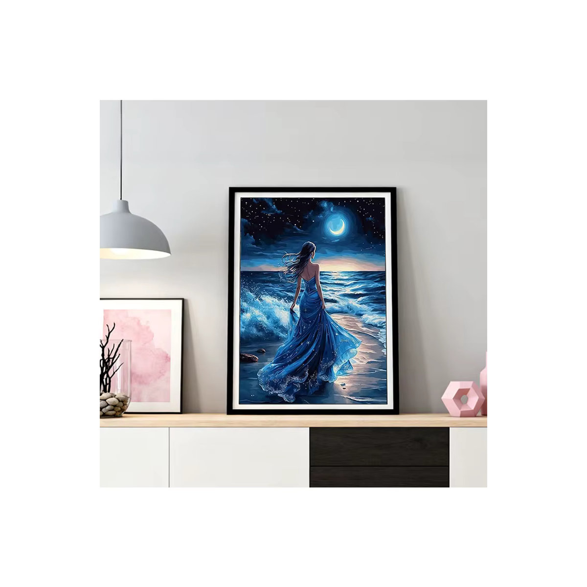 HUACAN Diamant-Kunstmalerei 5D Mädchen-Frauenporträt Mosaik-Set mit blauen Strass-Steinen und runden Perlen in maritimem Strandlandschaft-Design - Bild 4