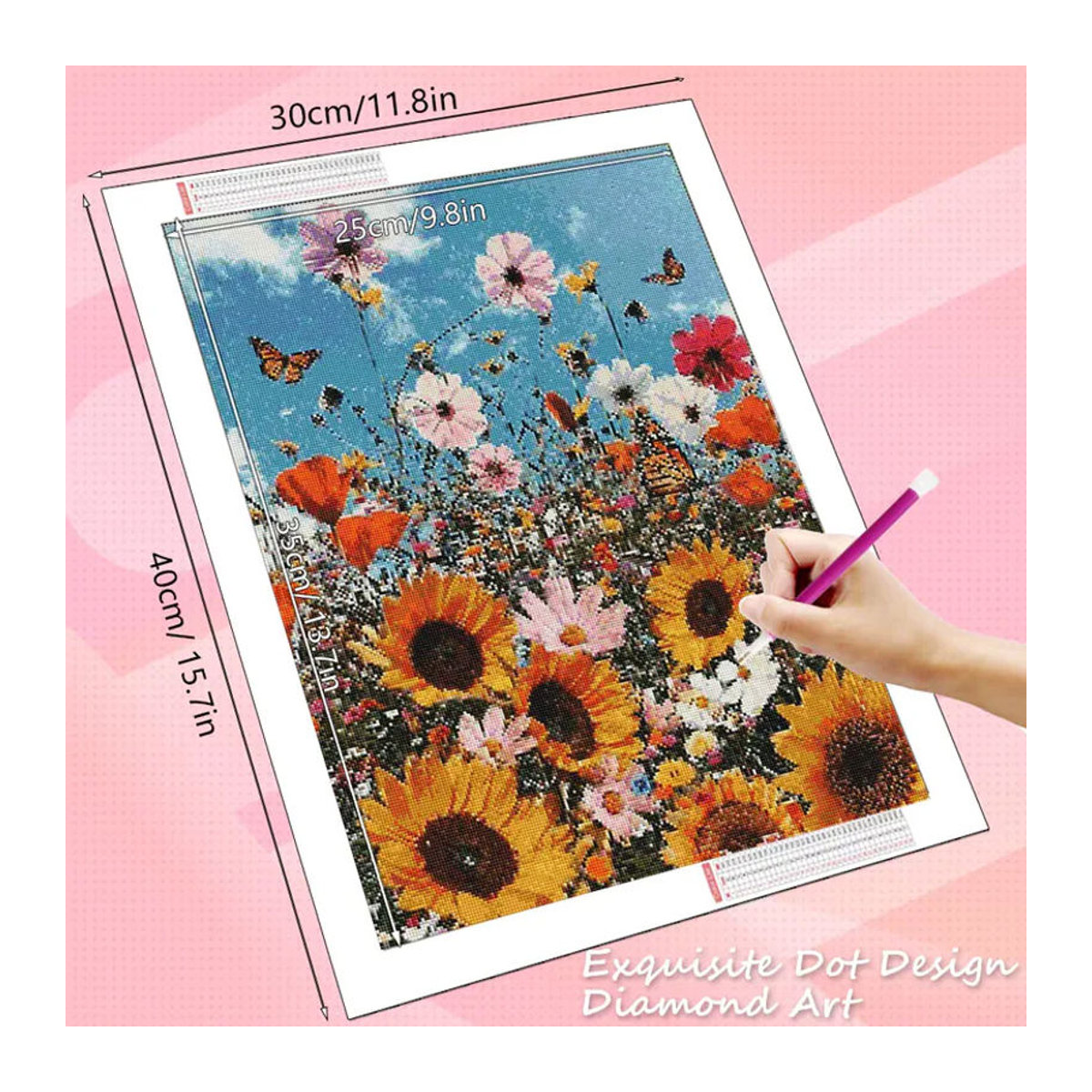 HUACAN Diamant-Kunstmalerei Sonnenblumen-Landschaft als florale Wanddekoration in Mehrfarbig, rund, Durchmesser: 20 cm - Bild 2