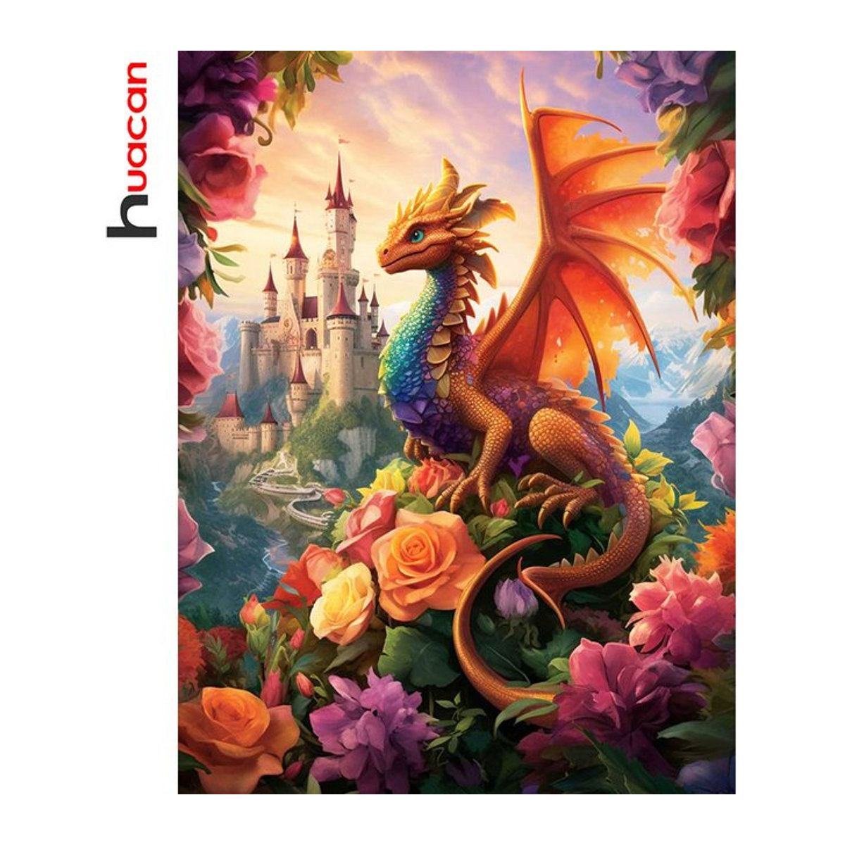 Huacan Diamant-Malerei Rundes Mosaik mit Drachen-Blumen-Motiv in Mehrfarbig zur Wandmontage - Bild 1