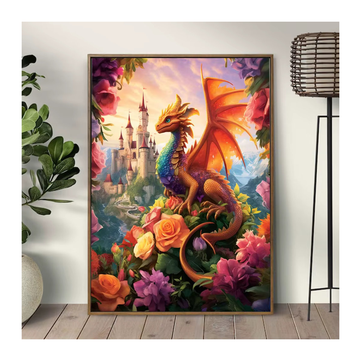 Huacan Diamant-Malerei Rundes Mosaik mit Drachen-Blumen-Motiv in Mehrfarbig zur Wandmontage - Bild 3
