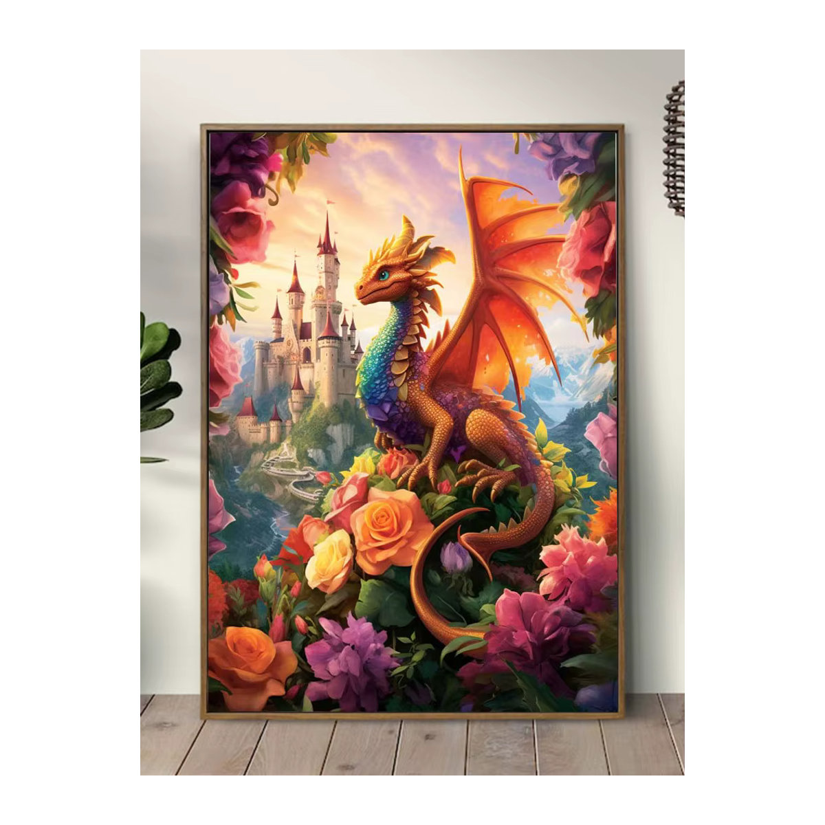Huacan Diamant-Malerei Rundes Mosaik mit Drachen-Blumen-Motiv in Mehrfarbig zur Wandmontage - Bild 4