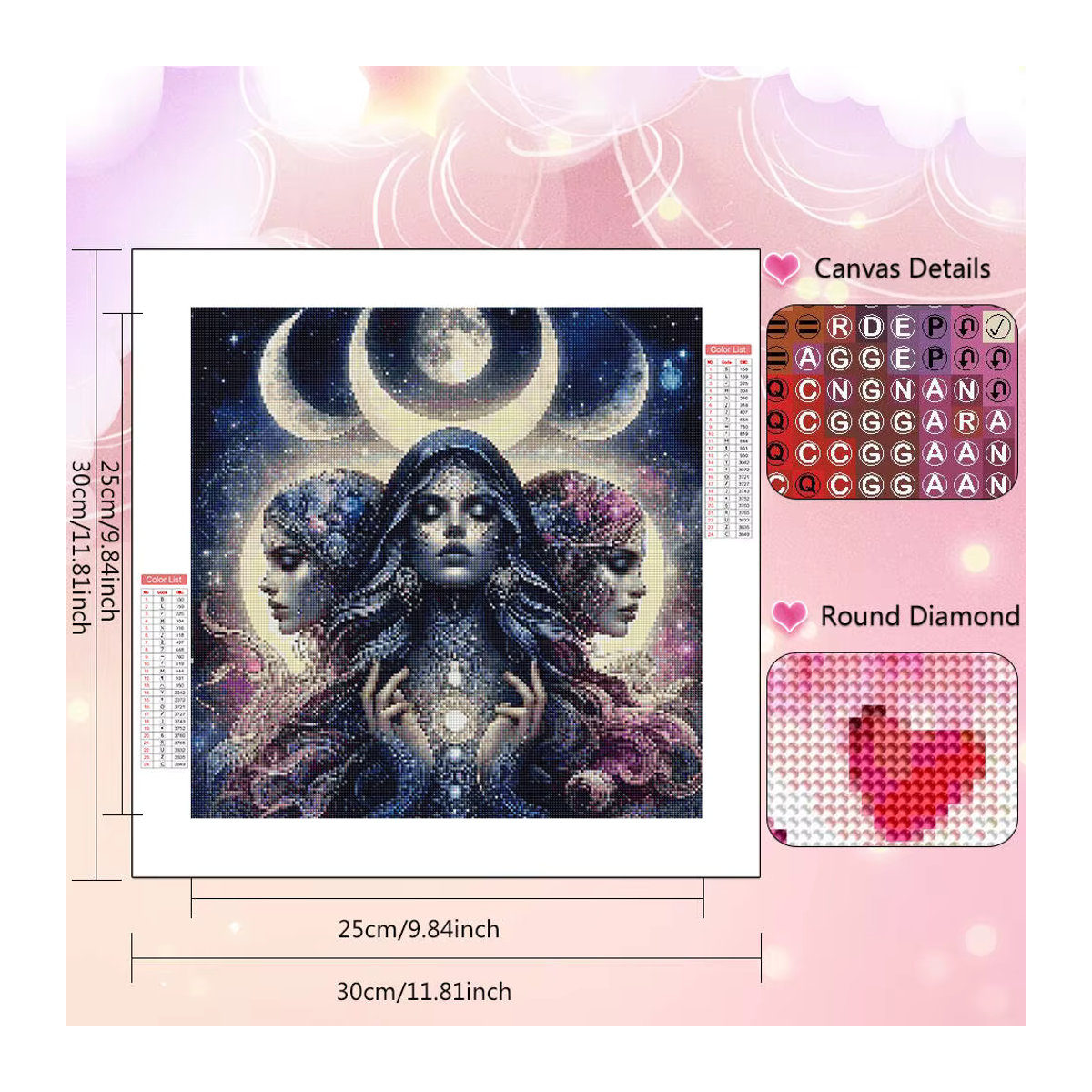 HUACAN Diamant-Malerei-Set Porträt einer Dame mit Mond, rund, mehrfarbig, modernes Diamant-Mosaik zur Wandmontage - Bild 2