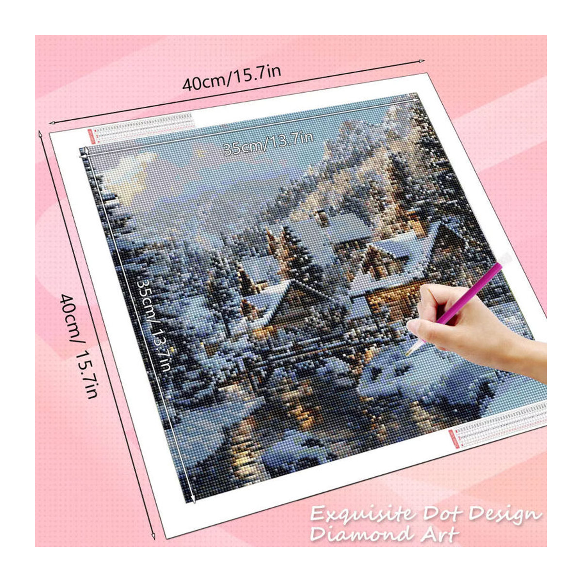 HUACAN Diamant-Malerei Set Winterlandschaft mit Haus als Mosaik-Stickerei in Weiß zur Wandmontage - Bild 2