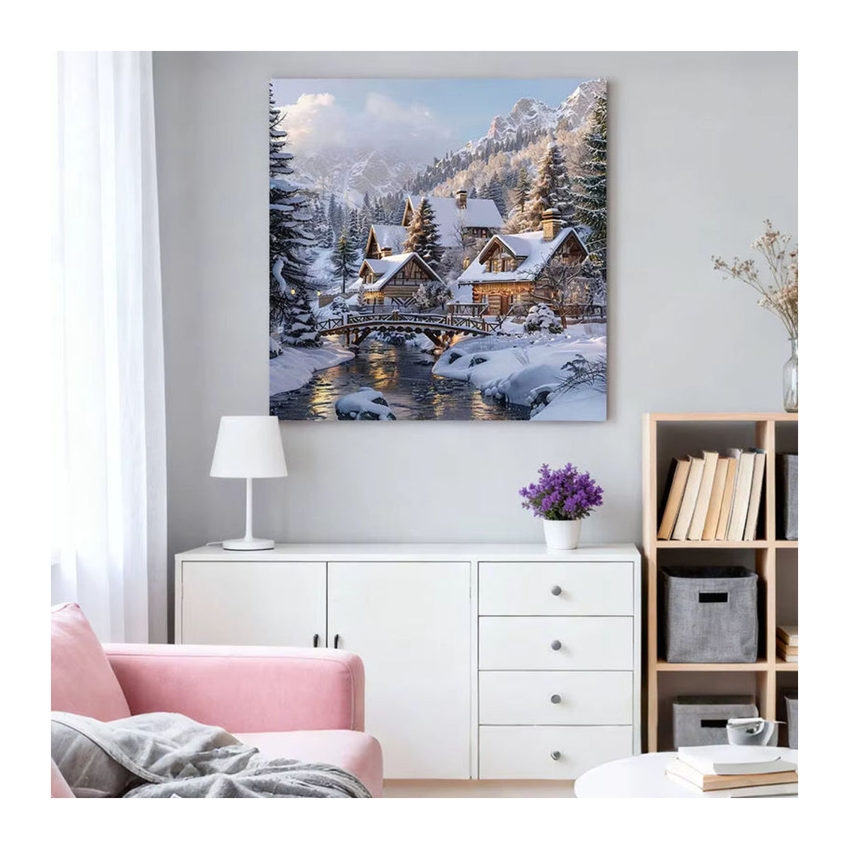 HUACAN Diamant-Malerei Set Winterlandschaft mit Haus als Mosaik-Stickerei in Weiß zur Wandmontage - Bild 3