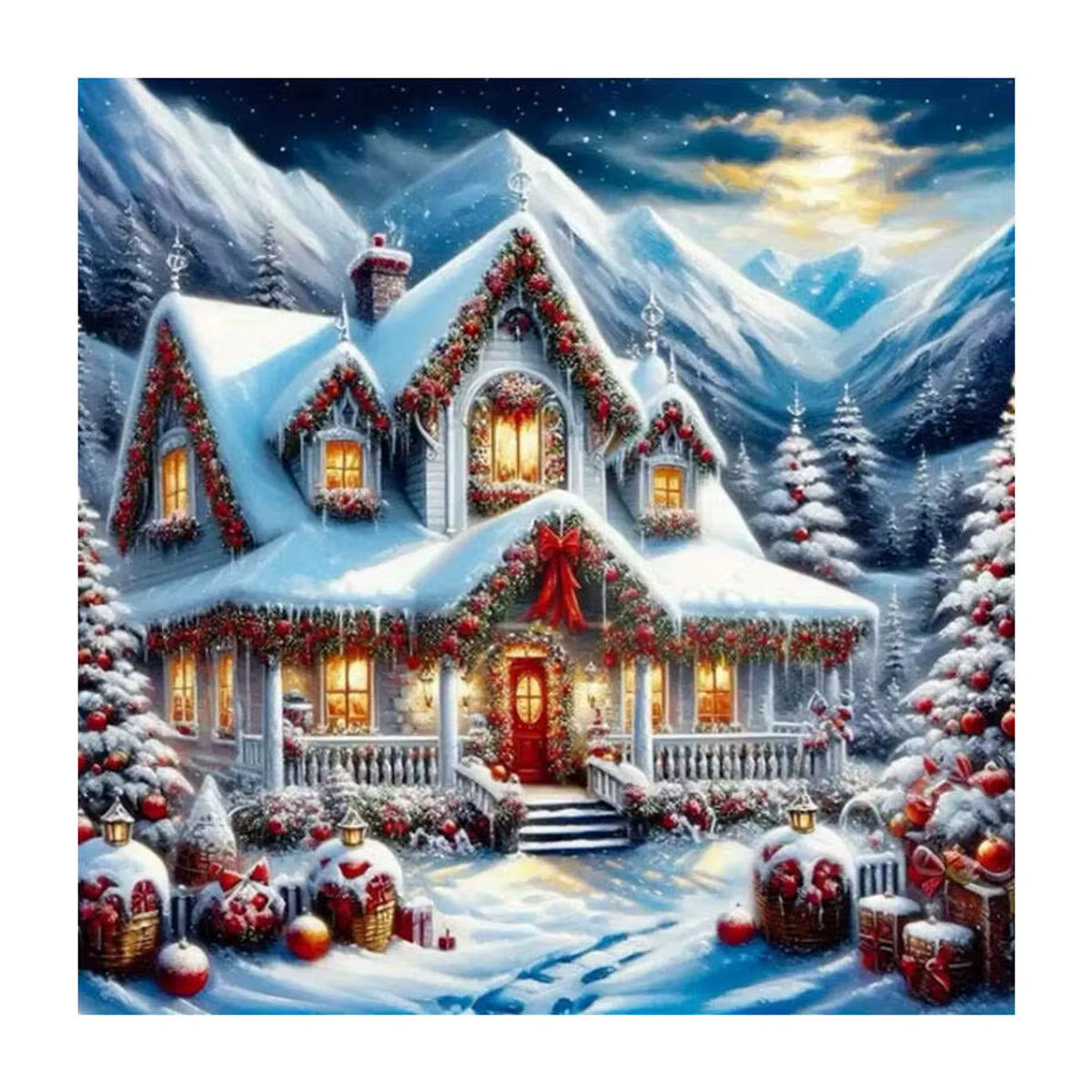 HUACAN Diamant-Malerei Winterlandschaft mit Landhaus als weihnachtliche Wanddekoration in Mehrfarbig - Bild 4