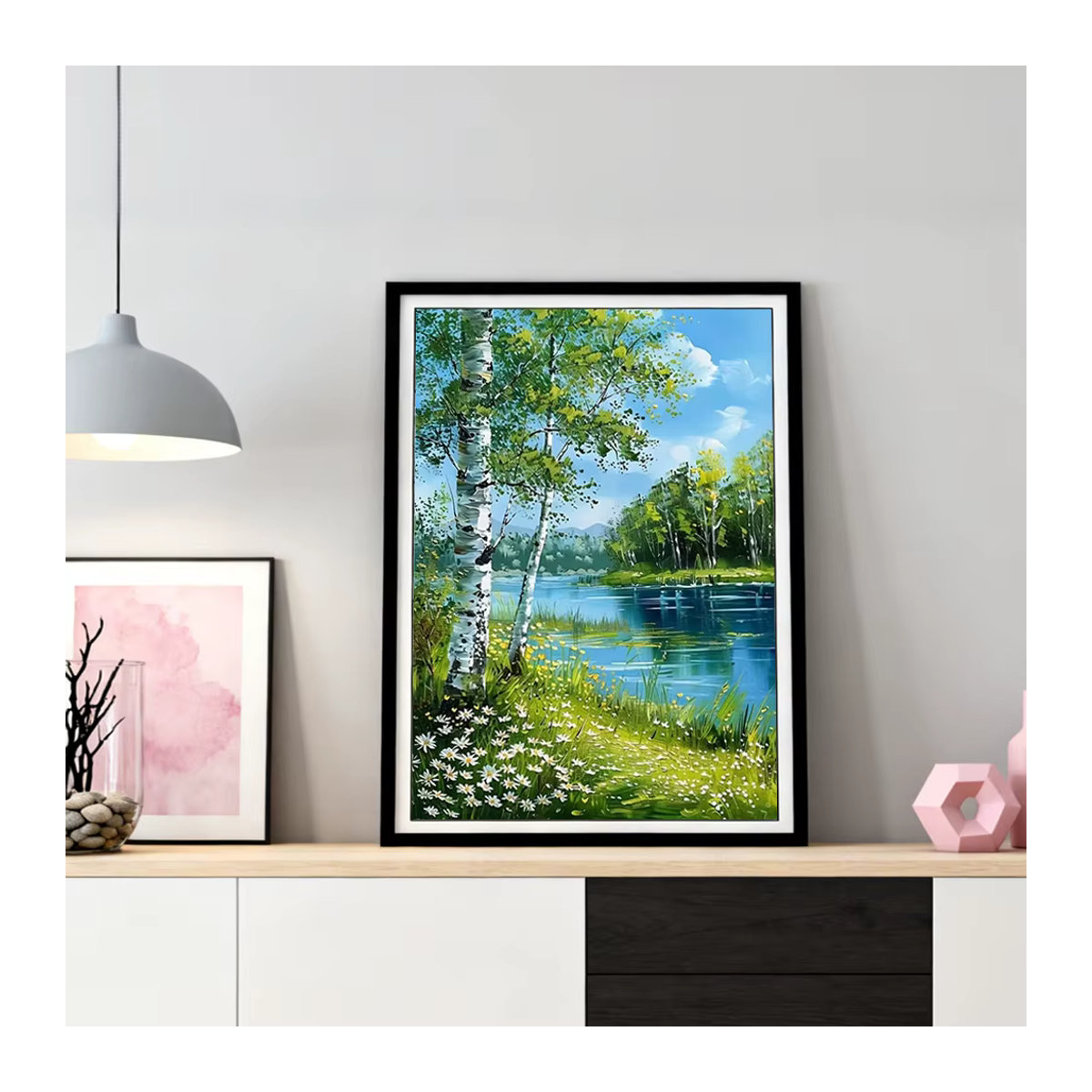 HUACAN Diamant-Mosaik 5D Set Baum-Landschaft mit Gänseblümchen und Blumen in Mehrfarbig für deine Wandkunst Dekoration - Bild 3