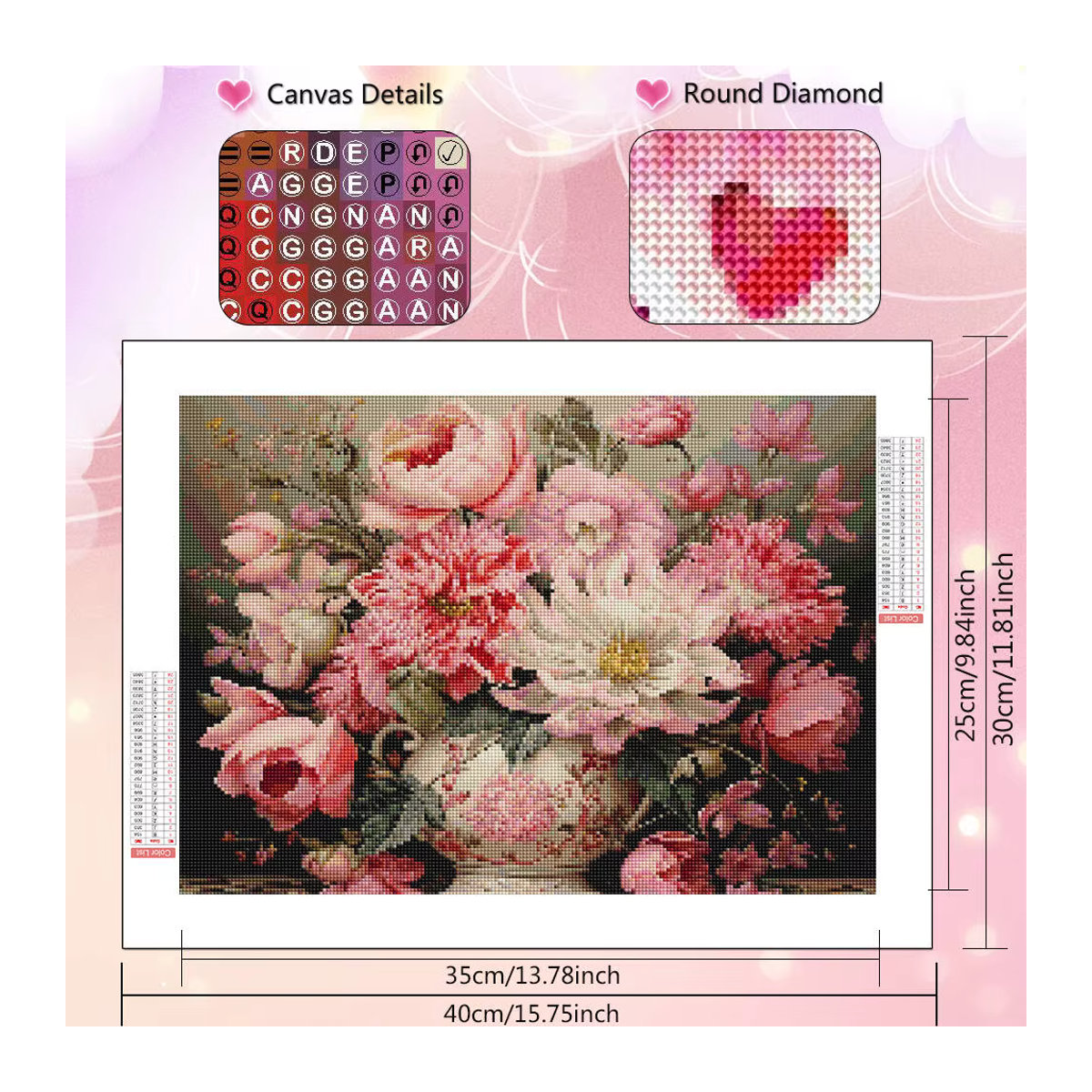 HUACAN Diamant Mosaik Kunst Handwerk Pfingstrose Blume Rund Wanddeko Mehrfarbig B: 30 cm, H: 20 cm, T: 20 cm - Bild 2