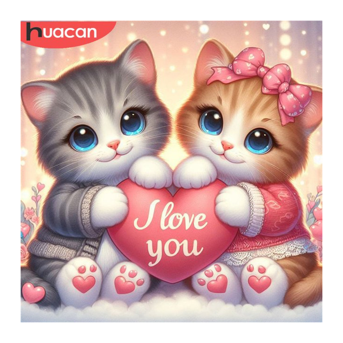 Huacan Diamant-Mosaik-Malerei mit Katzen-Cartoon-Motiv und Herz-Design, rund, mehrfarbig - Bild 1
