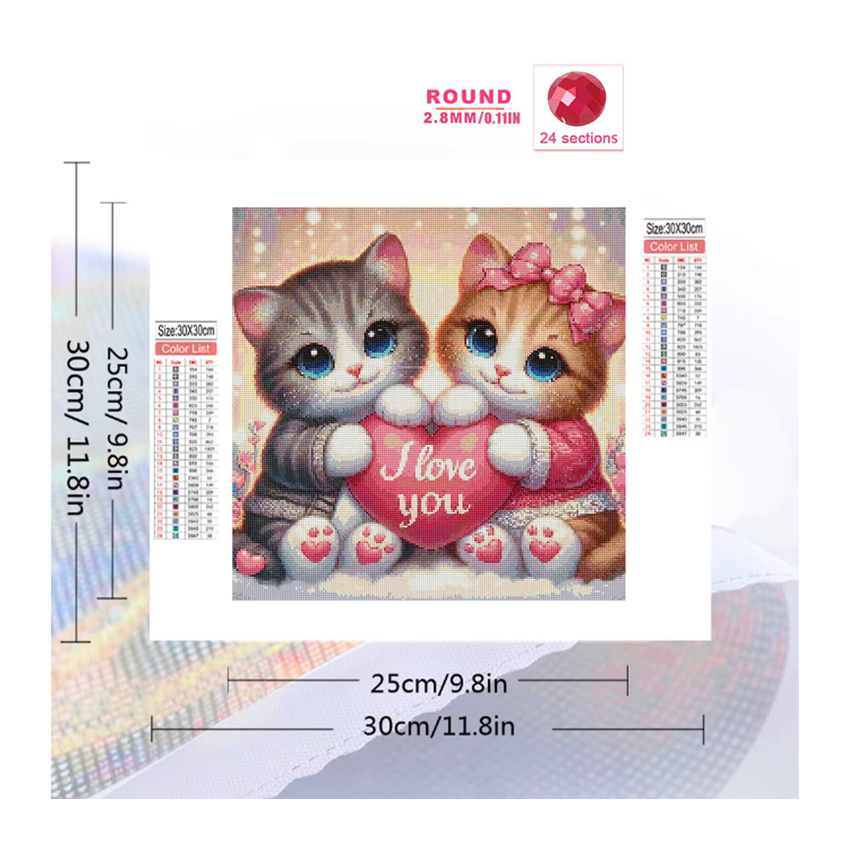 Huacan Diamant-Mosaik-Malerei mit Katzen-Cartoon-Motiv und Herz-Design, rund, mehrfarbig - Bild 2