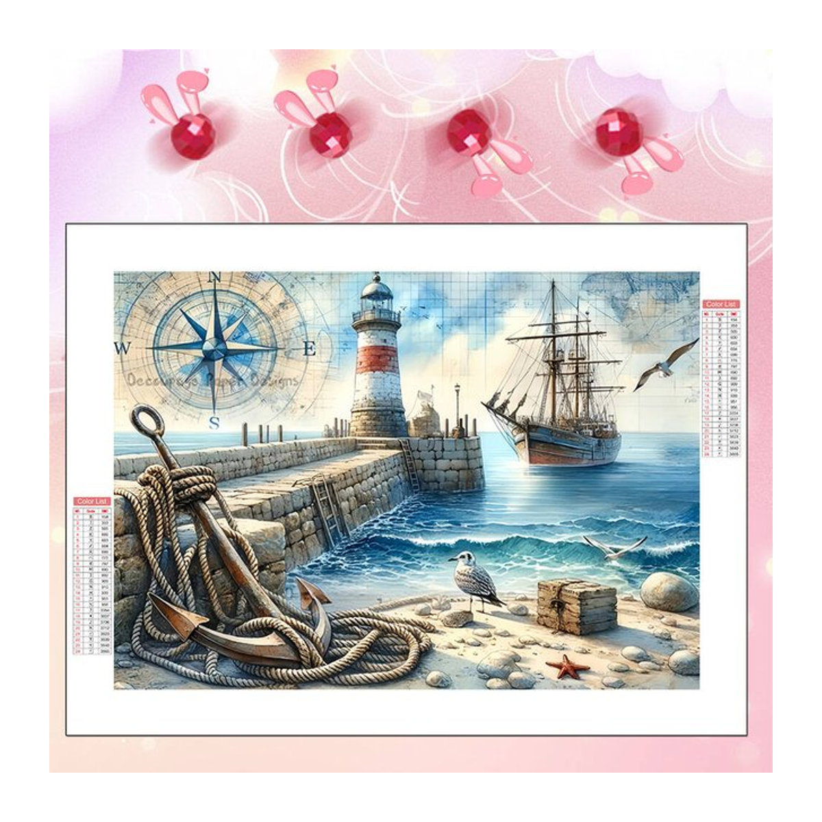 HUACAN Diamant Mosaik Malerei Set Schiff und Leuchtturm in maritimem Design, rund, mehrfarbig, Durchmesser: 20 cm - Bild 1
