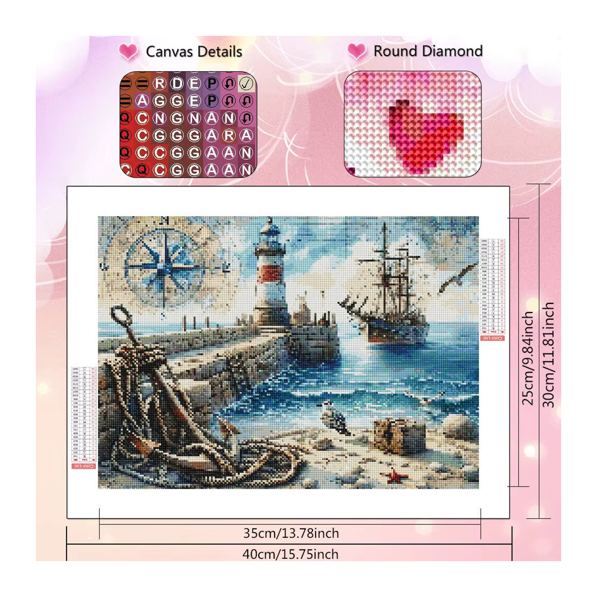 HUACAN Diamant Mosaik Malerei Set Schiff und Leuchtturm in maritimem Design, rund, mehrfarbig, Durchmesser: 20 cm - Bild 2