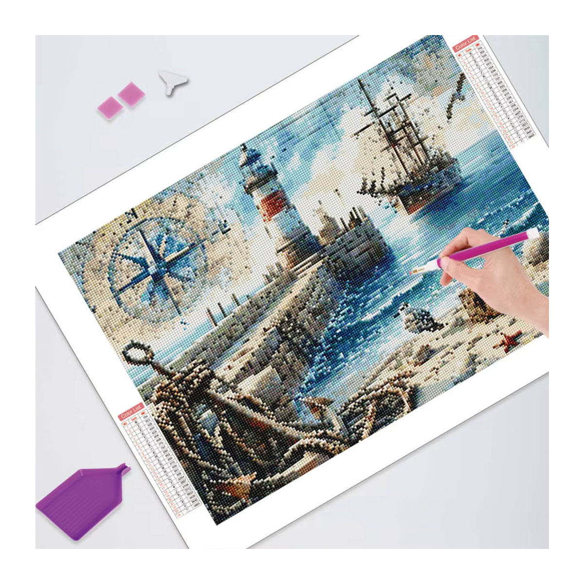 HUACAN Diamant Mosaik Malerei Set Schiff und Leuchtturm in maritimem Design, rund, mehrfarbig, Durchmesser: 20 cm - Bild 3