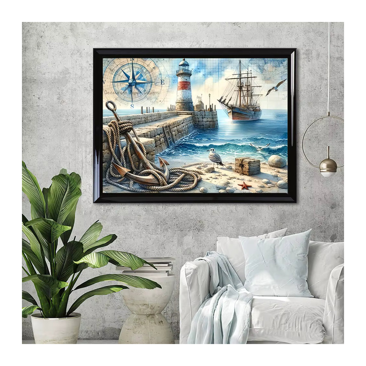 HUACAN Diamant Mosaik Malerei Set Schiff und Leuchtturm in maritimem Design, rund, mehrfarbig, Durchmesser: 20 cm - Bild 4