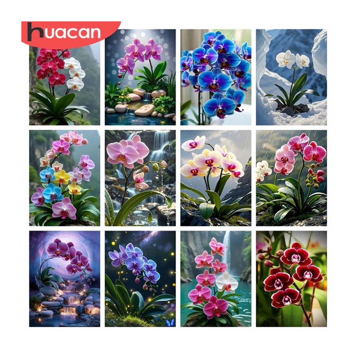 HUACAN Diamant-Mosaik Orchidee als florale Landschaftsmalerei in Mehrfarbig, Wandmontiert, B/H: 30 x 20 cm - Bild 1
