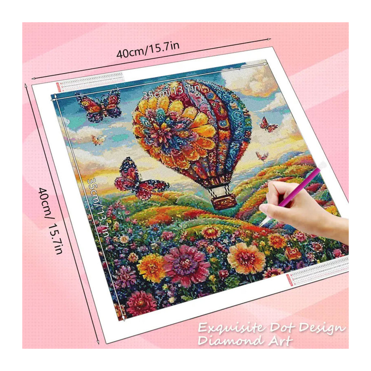 HUACAN Diamant-Mosaik Set Heißluftballon-Landschaft mit Sonnenblumen und Schmetterlingen, Vollbohr-Diamantmalerei in Mehrfarbig, Wandmontierte Heimdekoration - Bild 2