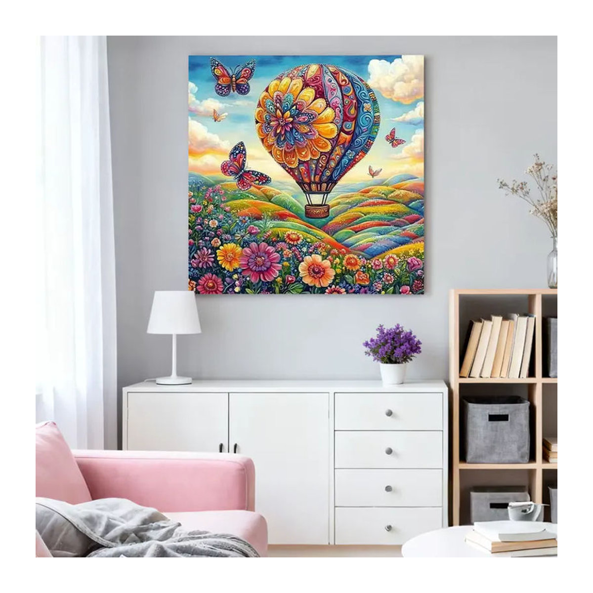 HUACAN Diamant-Mosaik Set Heißluftballon-Landschaft mit Sonnenblumen und Schmetterlingen, Vollbohr-Diamantmalerei in Mehrfarbig, Wandmontierte Heimdekoration - Bild 3