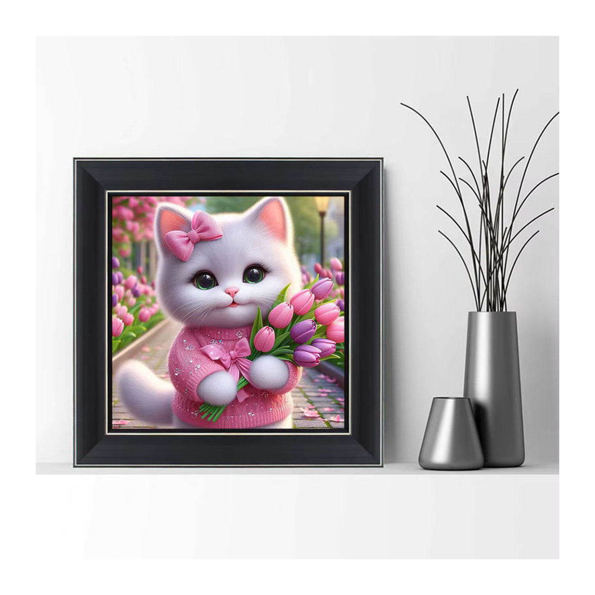 Huacan Diamant-Mosaik Set mit Katze und Blumen Motiv in Mehrfarbig als quadratische Strass-Malerei zur Dekoration - Bild 3