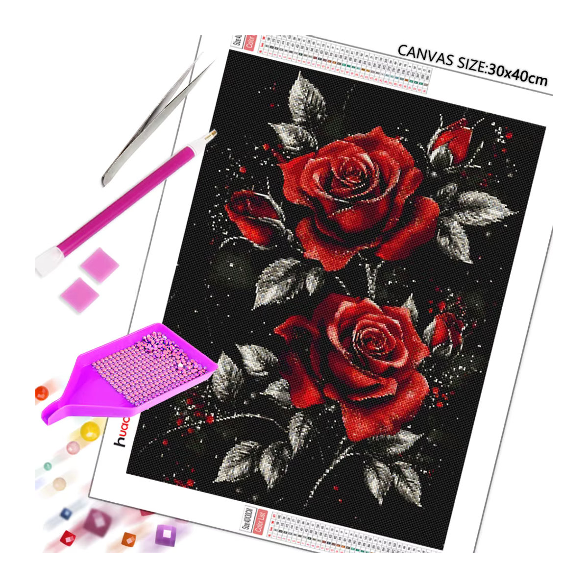 Huacan Diamant-Mosaik-Set mit Rosen-Motiv in Rot, rundes Bild aus Strasssteinen, B/T/H: 30 x 20 x 20 cm - Bild 2