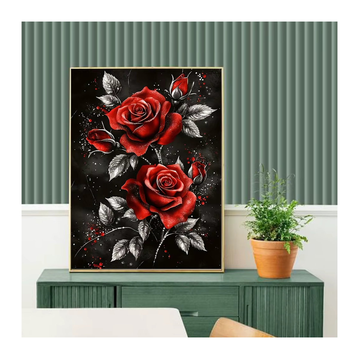 Huacan Diamant-Mosaik-Set mit Rosen-Motiv in Rot, rundes Bild aus Strasssteinen, B/T/H: 30 x 20 x 20 cm - Bild 3