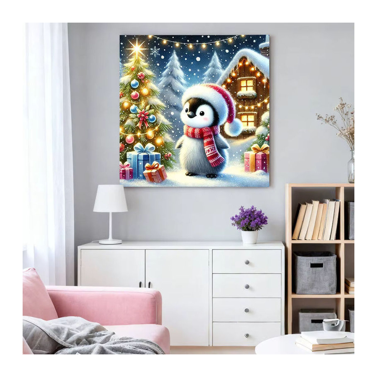 HUACAN Diamant-Mosaik Set Pinguin im Winterhaus als mehrfarbige Wanddekoration für Weihnachten - Bild 3