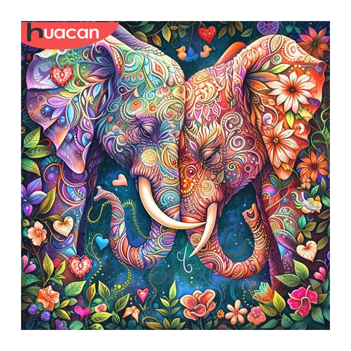 HUACAN Diamantgemälde Elefant 5D DIY Tiermosaik Komplettset in Mehrfarbig mit Blumenmotiv im Bohemian-Stil, Rund - Bild 1