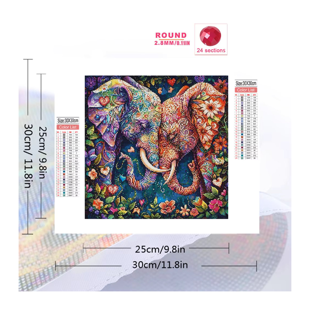 HUACAN Diamantgemälde Elefant 5D DIY Tiermosaik Komplettset in Mehrfarbig mit Blumenmotiv im Bohemian-Stil, Rund - Bild 2