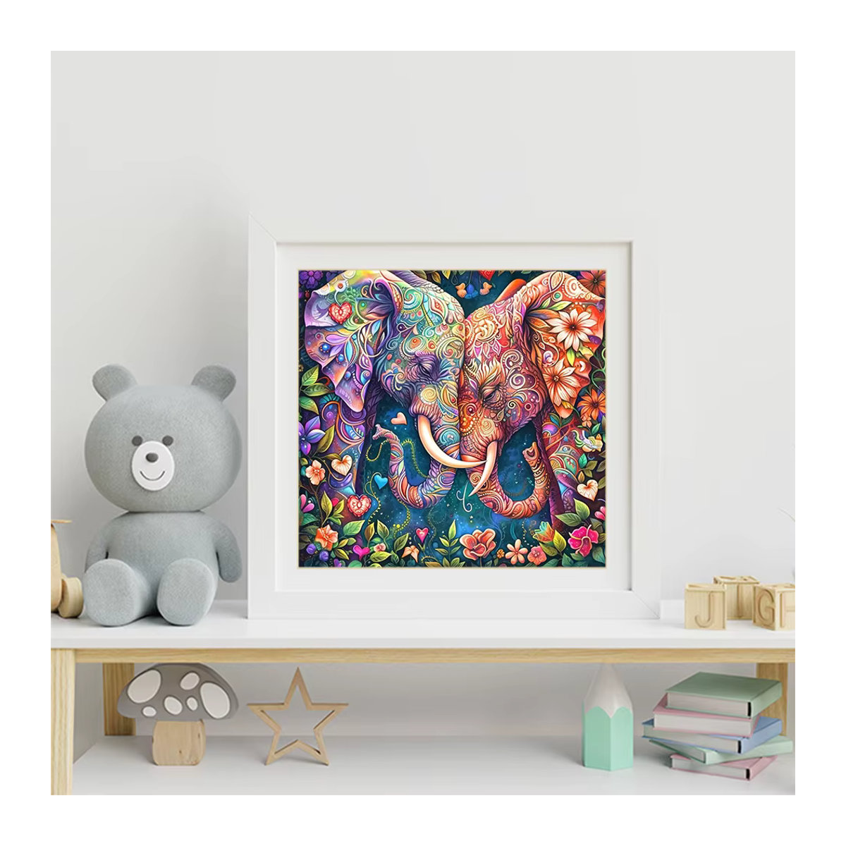HUACAN Diamantgemälde Elefant 5D DIY Tiermosaik Komplettset in Mehrfarbig mit Blumenmotiv im Bohemian-Stil, Rund - Bild 3
