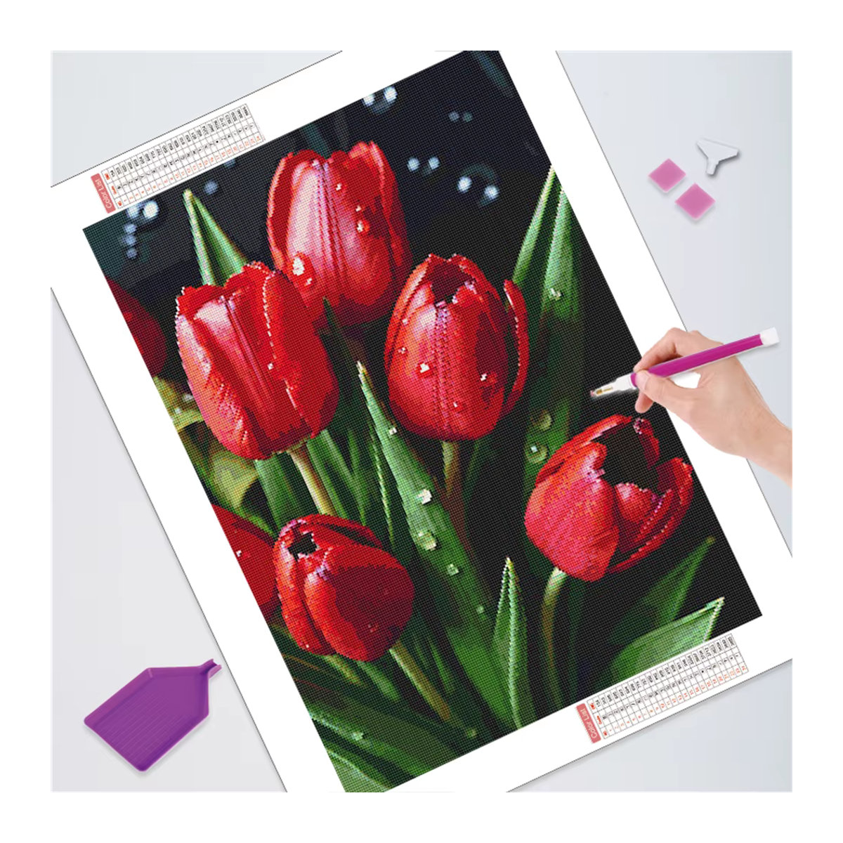 Huacan Diamantgemälde mit floralem rotem Tulpen-Design und runden Kunstharz-Strasssteinen - Bild 2