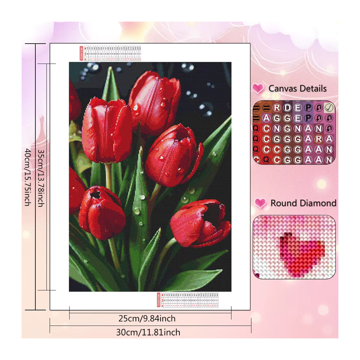 Huacan Diamantgemälde mit floralem rotem Tulpen-Design und runden Kunstharz-Strasssteinen - Bild 3