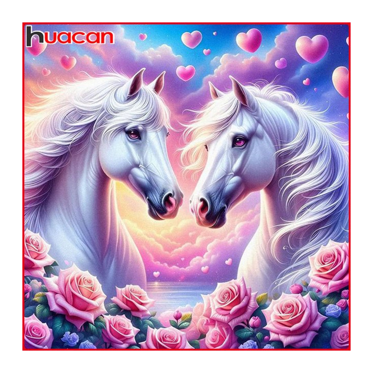 Huacan Diamantgemälde Rundes Motiv mit Pferd und Rosen in Mehrfarbig als Vollquadrat Mosaik-Bild aus Strasssteinen - Bild 1