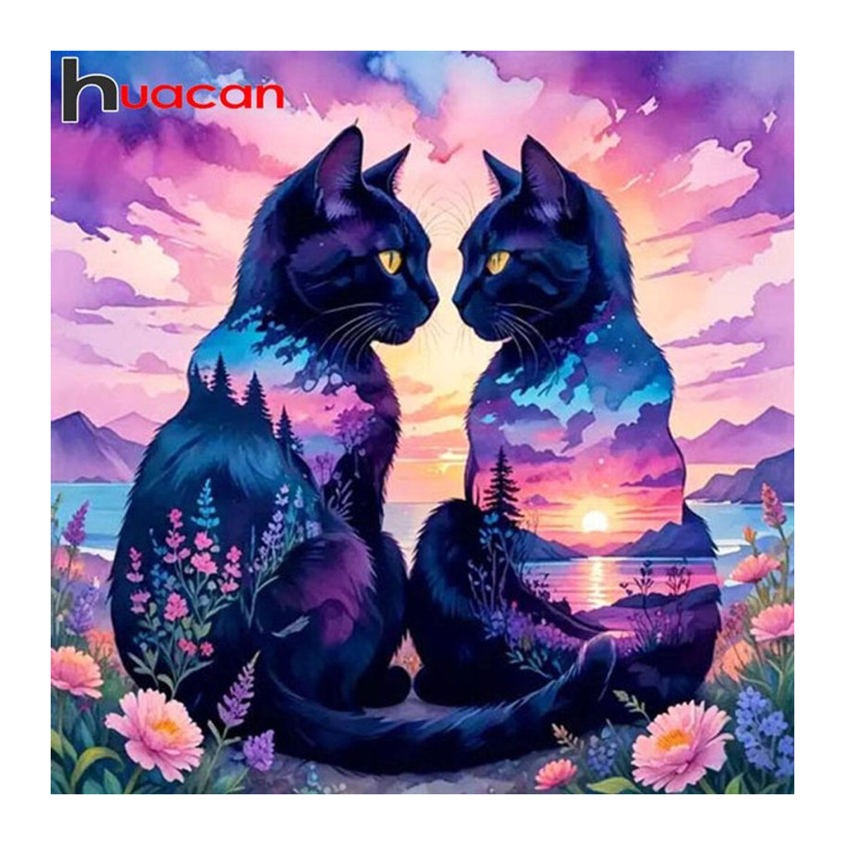 Huacan Diamantgemälde Set mit Katze und Blumenlandschaft in Mehrfarbig - Bild 1