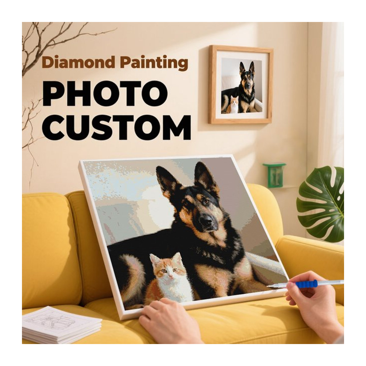 HUACAN Diamantmalerei 5D Foto als personalisiertes DIY Kreuzstich-Set mit Strass-Steinen in Mehrfarbig, Rund, Durchmesser: 25 cm - Bild 1