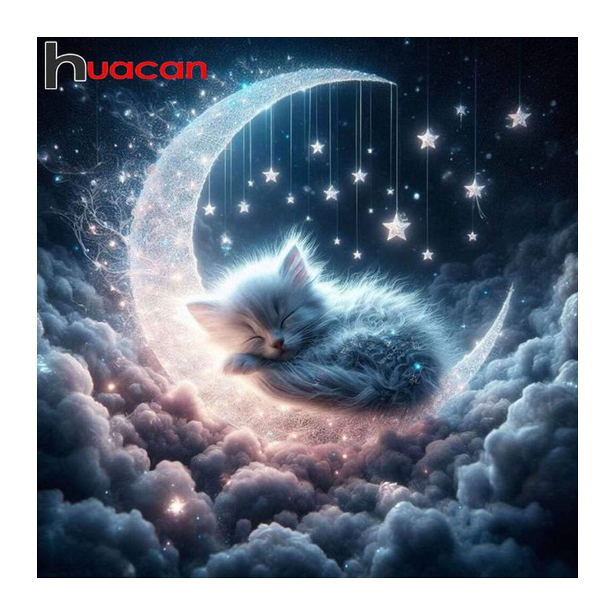 Huacan Diamantmalerei Katze mit Mond als abstraktes Mosaik-Strassbild in Blau - Bild 1