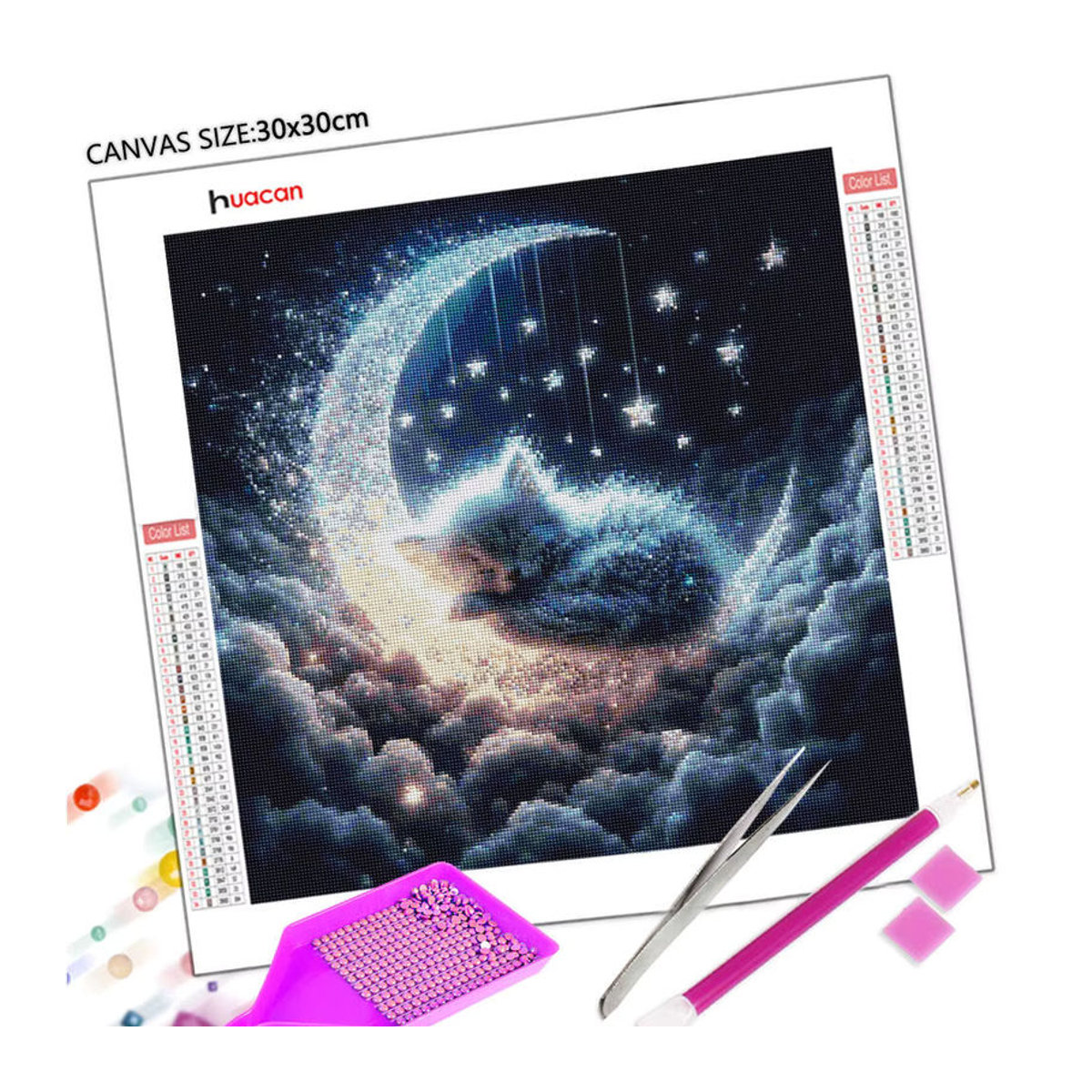 Huacan Diamantmalerei Katze mit Mond als abstraktes Mosaik-Strassbild in Blau - Bild 2