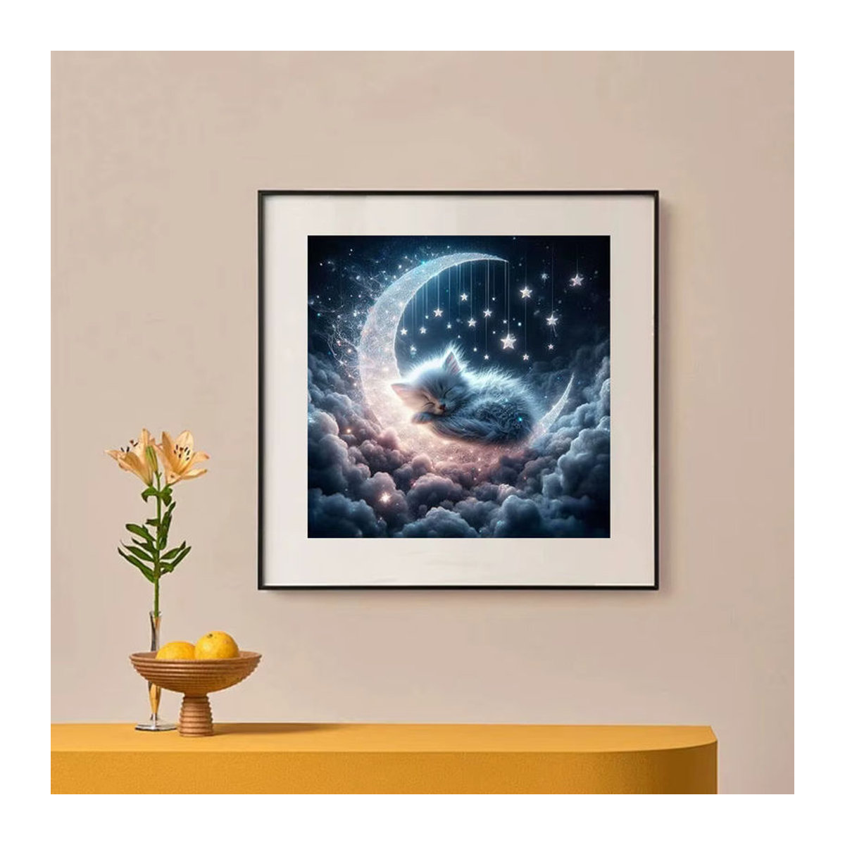 Huacan Diamantmalerei Katze mit Mond als abstraktes Mosaik-Strassbild in Blau - Bild 3