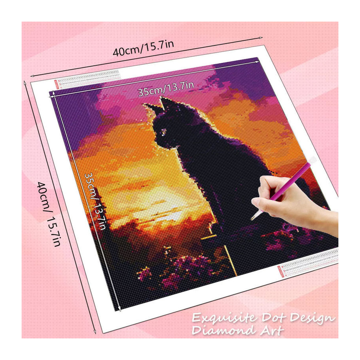 HUACAN Diamantmalerei Katze mit Sonnenuntergang als Mosaik-Stickerei-Set in Mehrfarbig zur Wandmontage - Bild 2