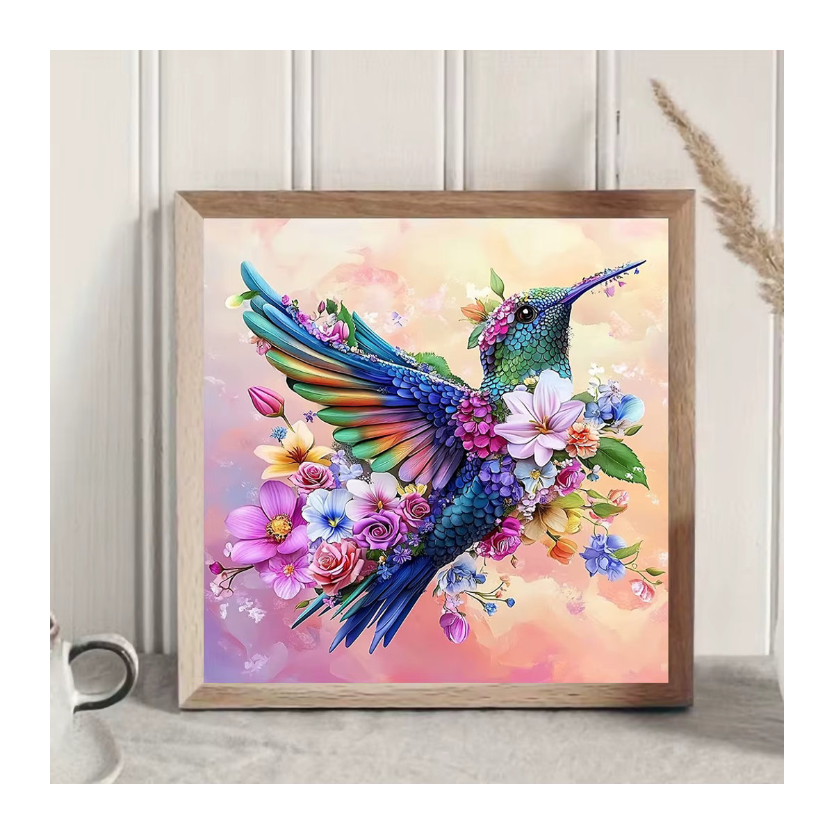 Huacan Diamantmalerei Kolibri mit floralem Design in Mehrfarbig, runde Wanddekoration - Bild 2