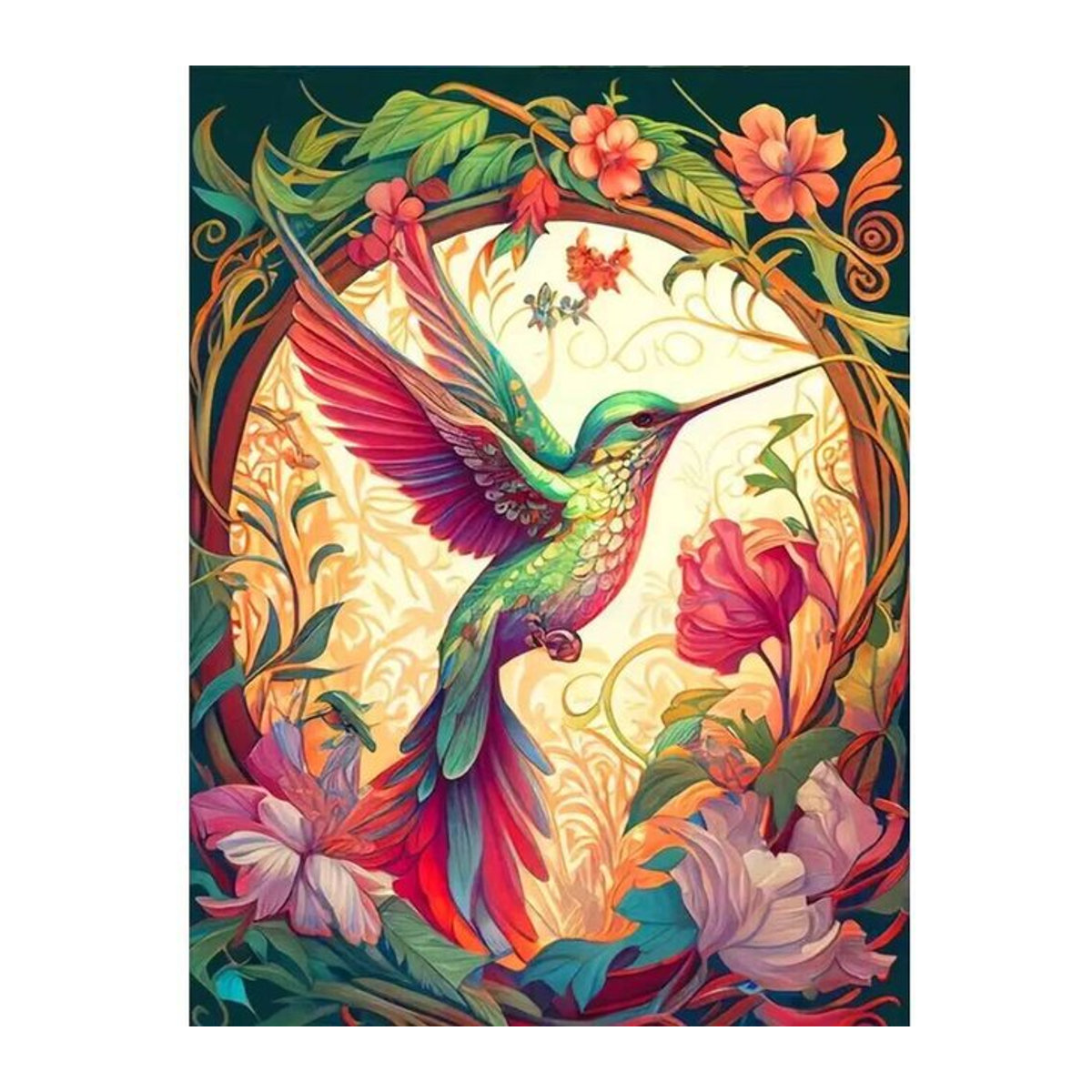 Huacan Diamantmalerei Kolibri und Blumen als Mosaik-Strassbild im Art Déco Stil, mehrfarbig, rund, B/T/H: 20 x 20 x 30 cm - Bild 1