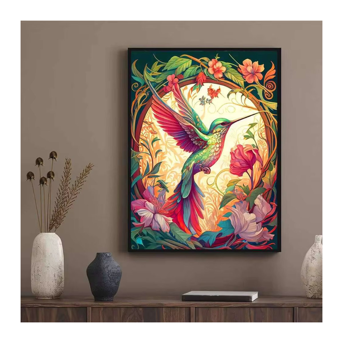 Huacan Diamantmalerei Kolibri und Blumen als Mosaik-Strassbild im Art Déco Stil, mehrfarbig, rund, B/T/H: 20 x 20 x 30 cm - Bild 3