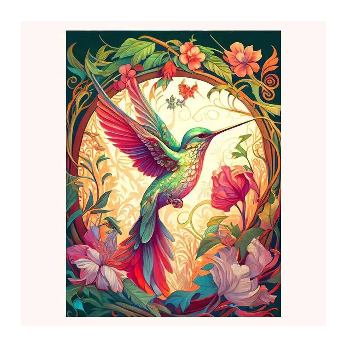 Huacan Diamantmalerei Kolibri und Blumen als Mosaik-Strassbild im Art Déco Stil, mehrfarbig, rund, B/T/H: 20 x 20 x 30 cm - Bild 5