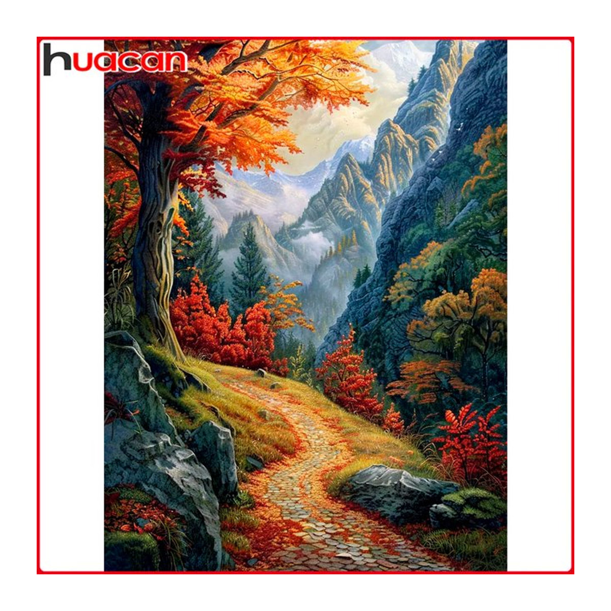 Huacan Diamantmalerei Landschaft Herbst mit Bergen und Bäumen, Mosaik-Kunstwerk mit Rundbohrern, mehrfarbig - Bild 1