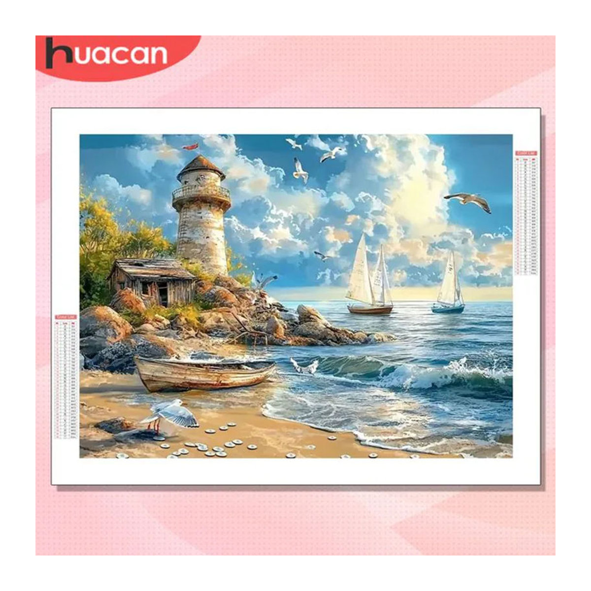 HUACAN Diamantmalerei Leuchtturm-Landschaft als mehrfarbiges Diamantmosaik mit maritimem Strandmotiv - Bild 1