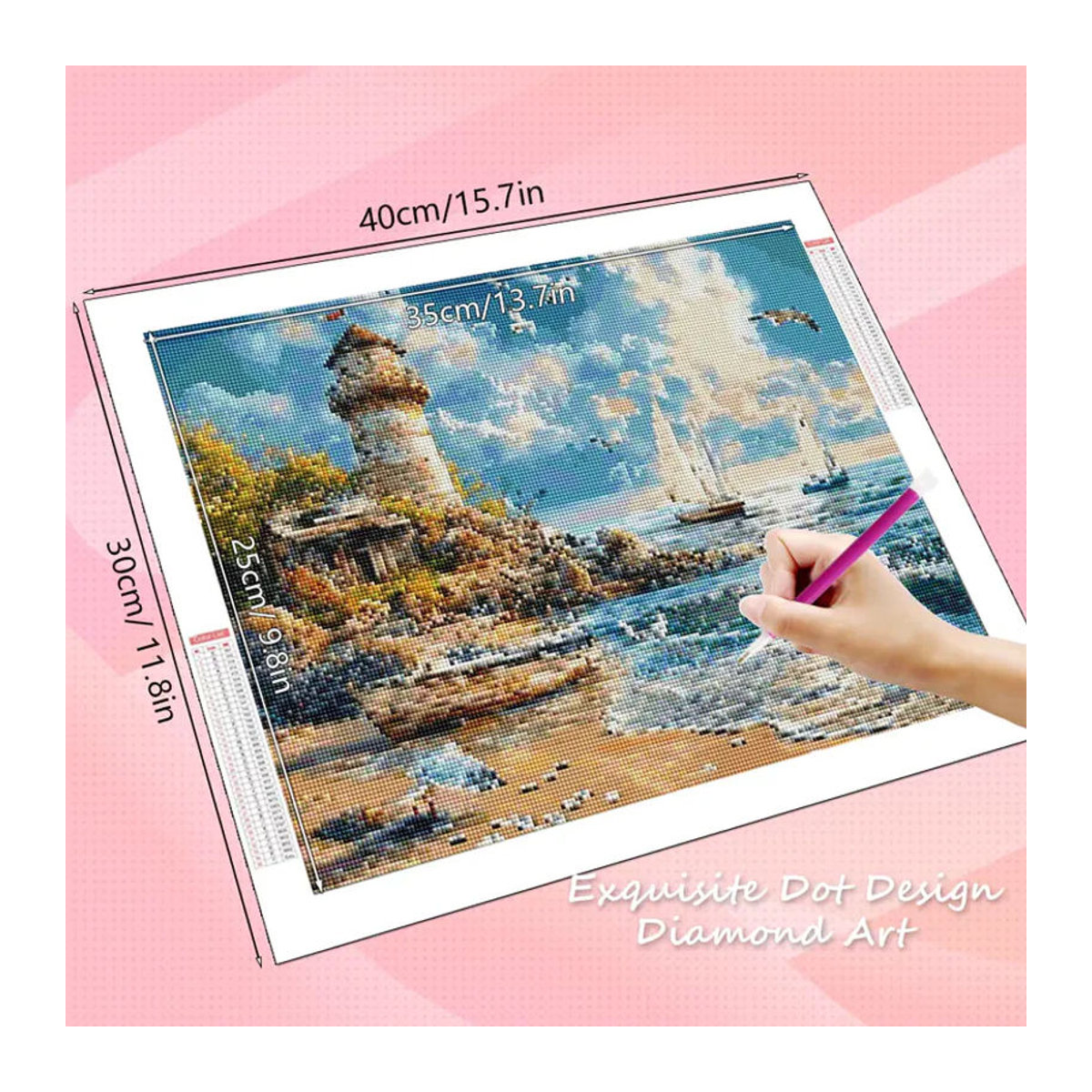 HUACAN Diamantmalerei Leuchtturm-Landschaft als mehrfarbiges Diamantmosaik mit maritimem Strandmotiv - Bild 2