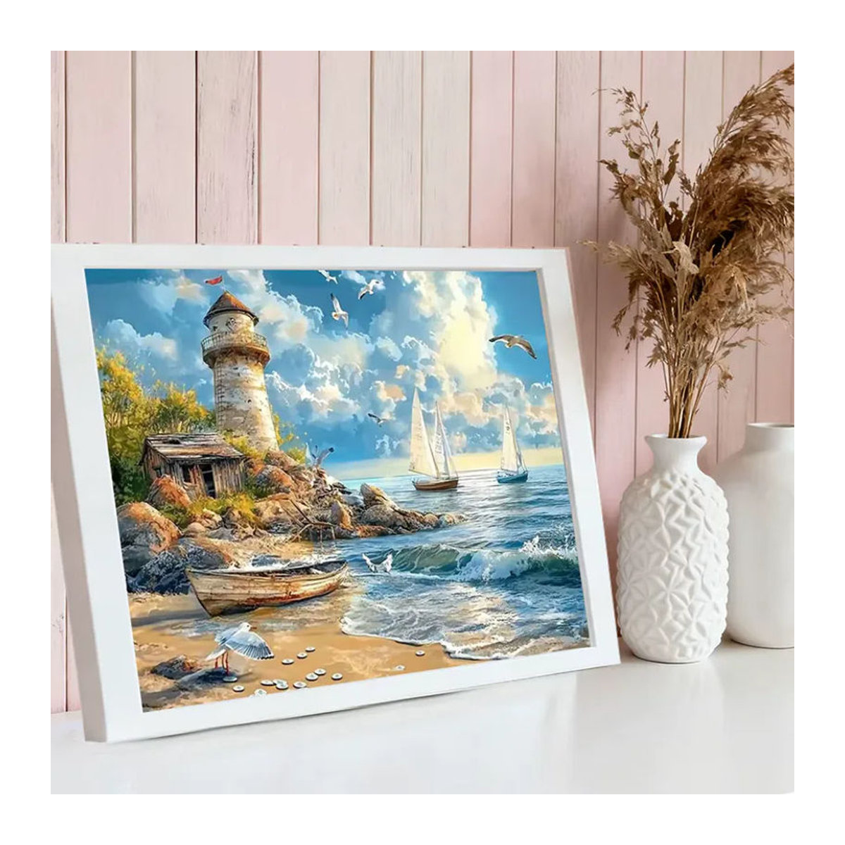HUACAN Diamantmalerei Leuchtturm-Landschaft als mehrfarbiges Diamantmosaik mit maritimem Strandmotiv - Bild 3
