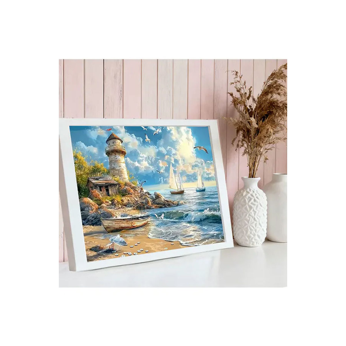 HUACAN Diamantmalerei Leuchtturm-Landschaft als mehrfarbiges Diamantmosaik mit maritimem Strandmotiv - Bild 4