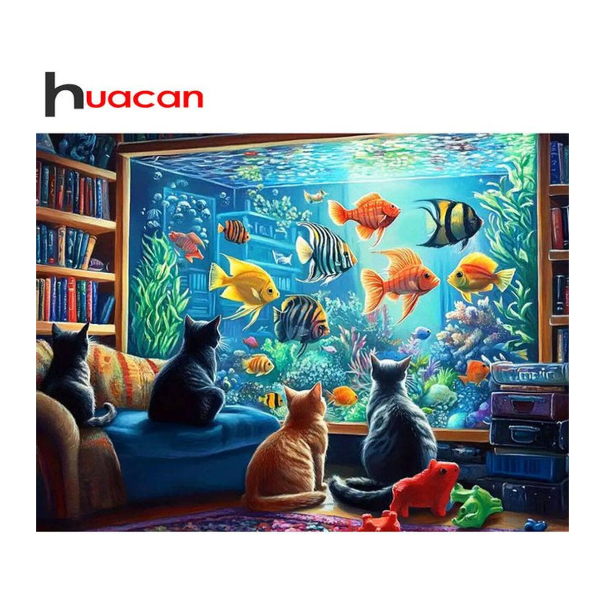 Huacan Diamantmalerei mit Tier-Motiv Katze und Fisch, mehrfarbige Wanddekoration als Strassstein-Stickerei - Bild 1