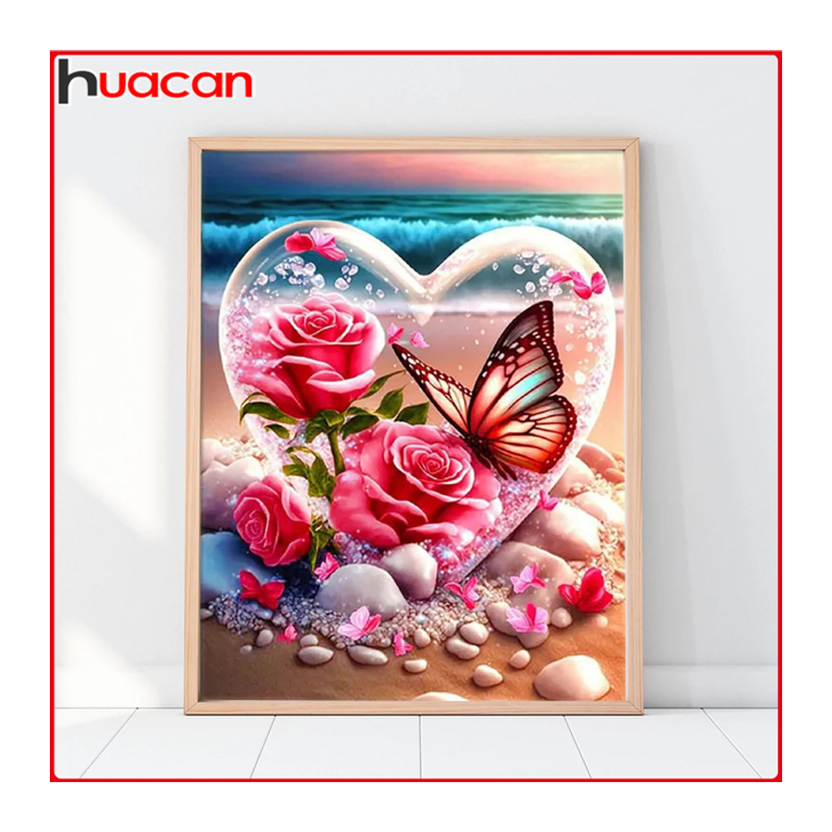 Huacan Diamantmalerei Schmetterling und Rose mit Mosaik-Herz in Mehrfarbig, B/H: 30 x 40 cm - Bild 1