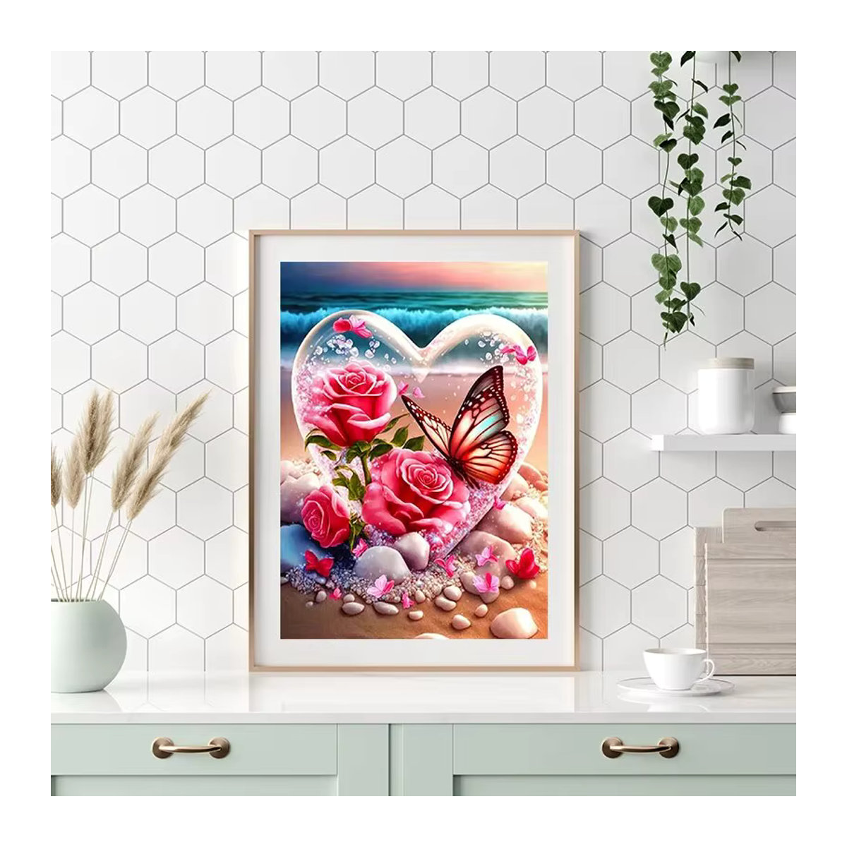 Huacan Diamantmalerei Schmetterling und Rose mit Mosaik-Herz in Mehrfarbig, B/H: 30 x 40 cm - Bild 4