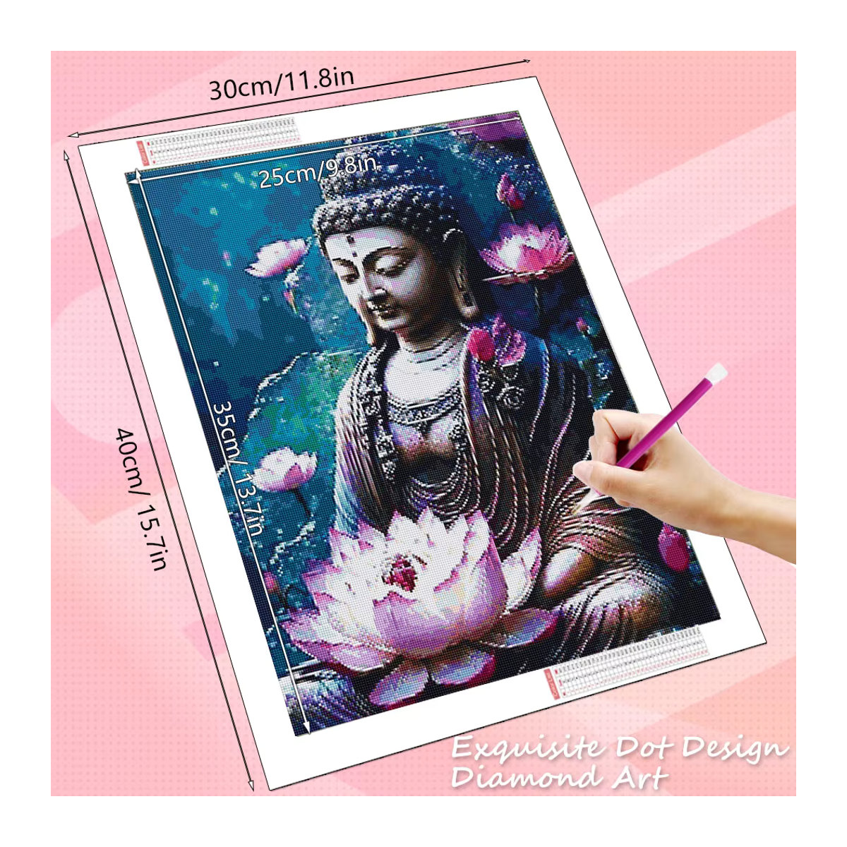 HUACAN Diamantmalerei Set Buddha Porträt mit Lotusblume, mehrfarbig, rund, Wandkunst für Erwachsene - Bild 2